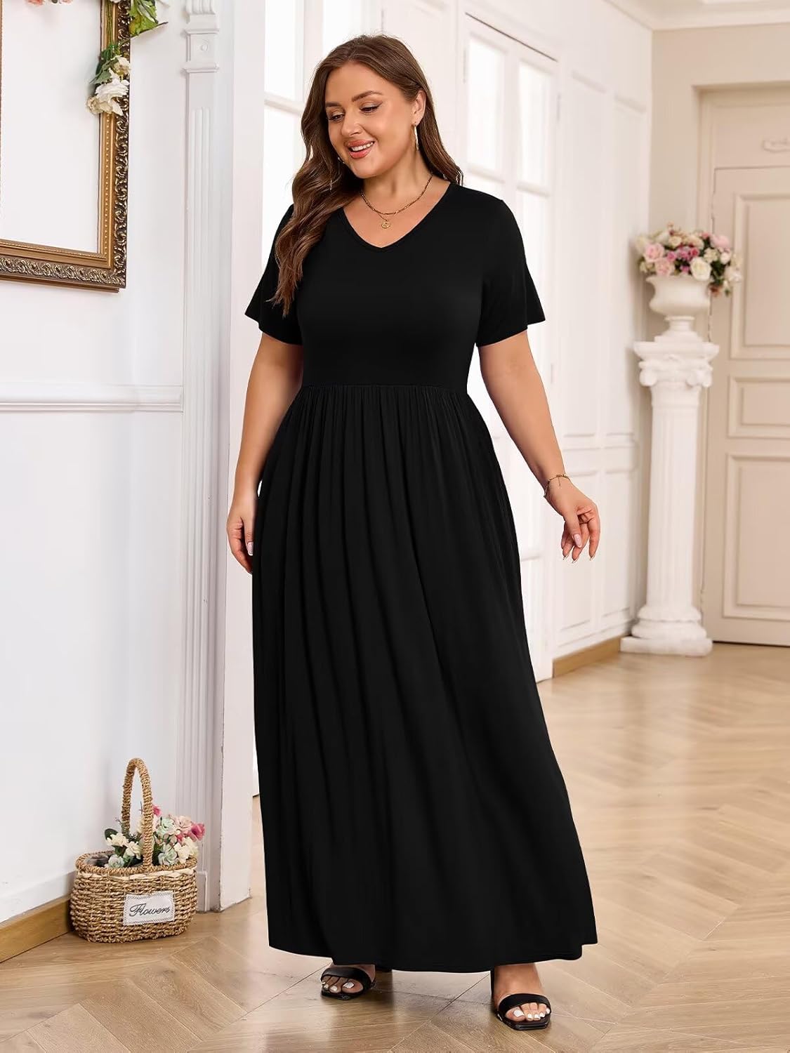 BELAROI Womens Plus Size Maxi Dress Summer V Neck Short Sleeve Long Dresses Pockets Beach Coverup Loose Casual - Image 4