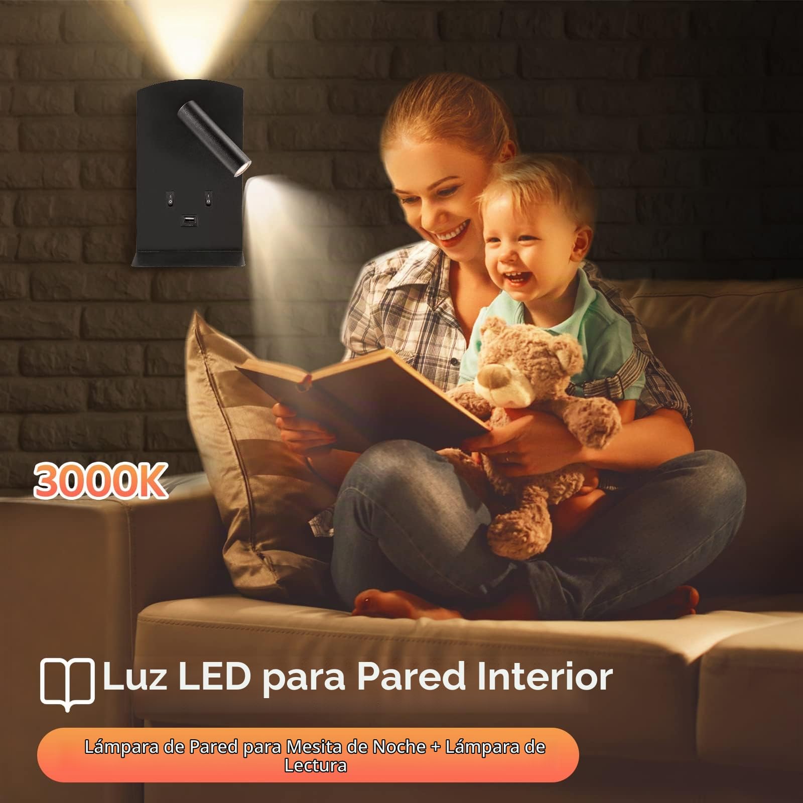 Luz de Lectura Cabecera 3W+9W 3000K, Lámpara de pared LED con Puerto de Carga USB e Interruptor, Lámpara de Pared del Pasillo ángulo Ajustable para Dormitorio Escaleras Salas de Estar Hotel (2 negro)