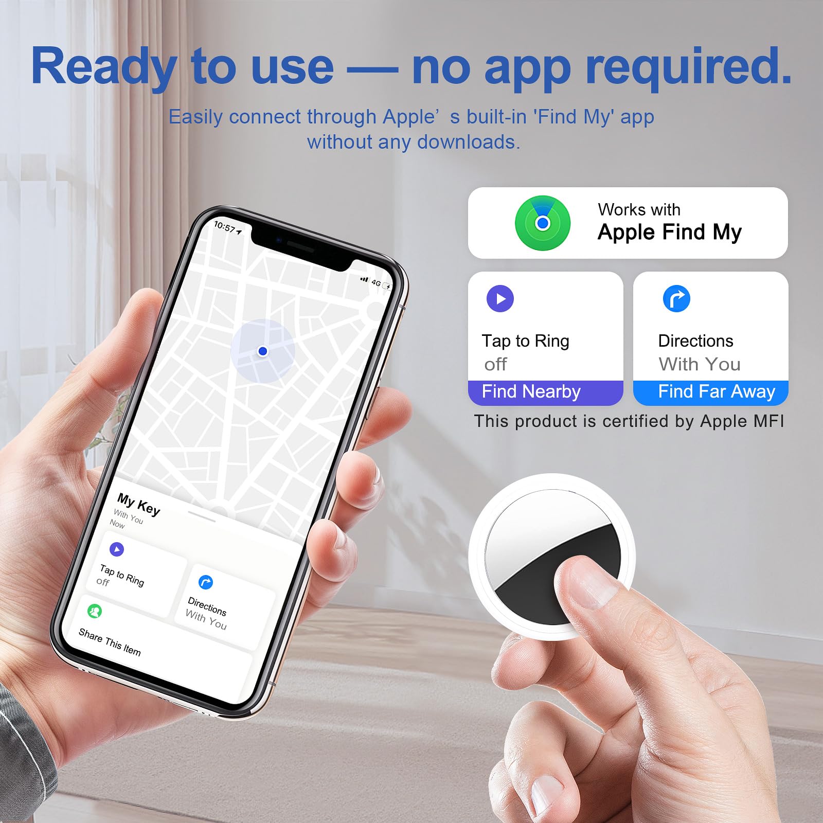 Lot de 2 étiquettes Air Tracker [Certifié Apple MFi] avec Find My (iOS uniquement), localisateur de clés sans application nécessaire, étanche, veille de 365 jours, portefeuille, porte-clés, sac de