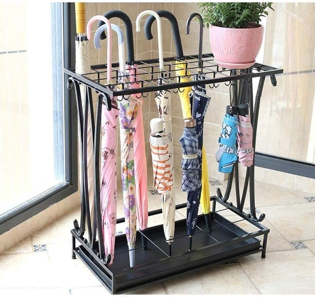 Umbrella Holder with Removable Drip Tray Hooks,Metal Umbrella Stand Free Standing, Black