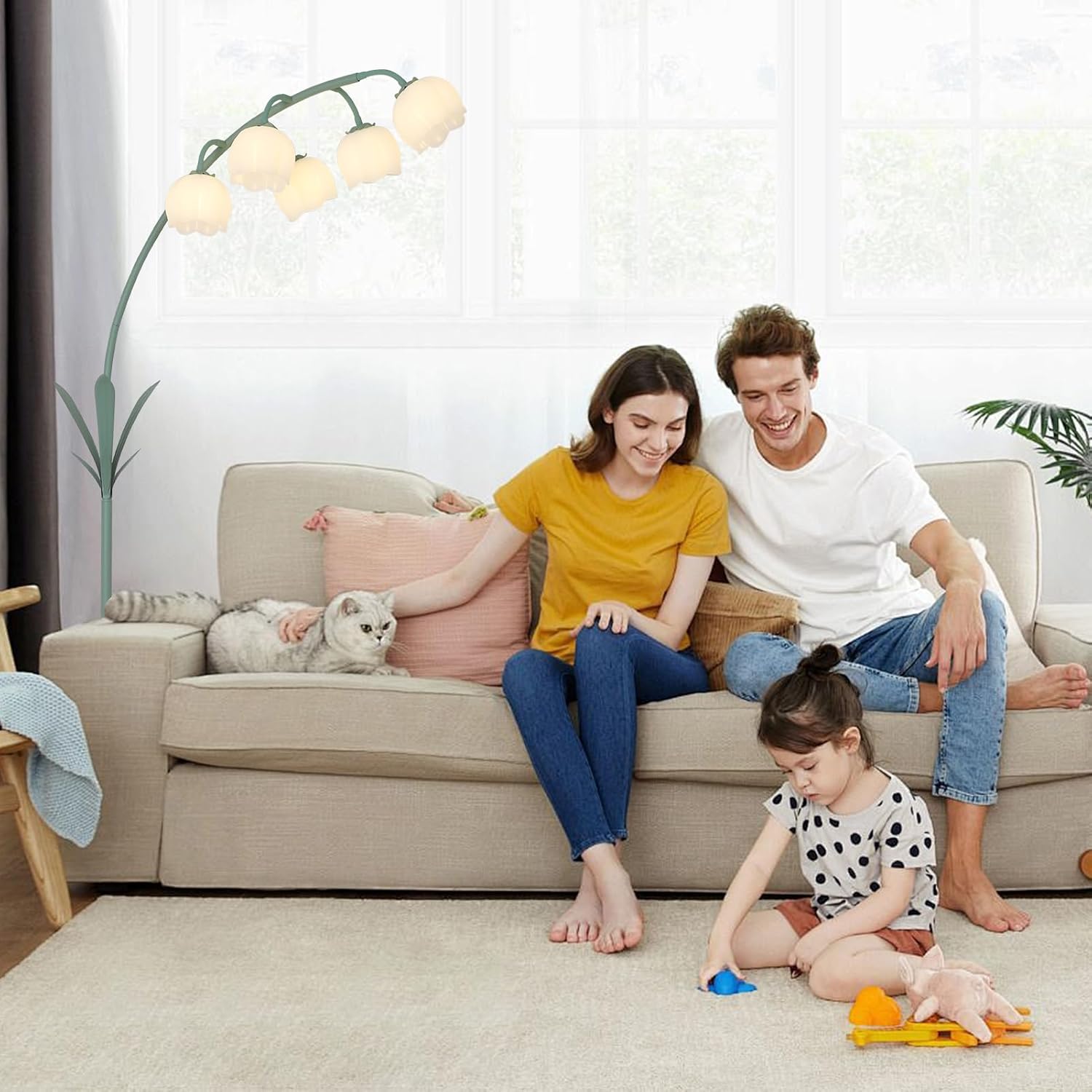 HMVPL Arc Floor Lamp for Living Room, Flower Floor Lamp with 5 G9 LED Bulbs, Foot Switch, Green Floral Standing Lamp with Acrylic Shade, Curved Tall Lamp for Living Room Bedroom Corner Kids Reading