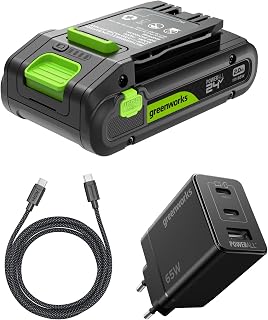 Greenworks 24V 2Ah Akku High Power USB-C & 65W USB-C Ladegerät & 100w Cable,Li-Ion 24V 2,0 Ah Akku passend für alle 200+ Greenworks 24V Geräte, 2 Jahre Garantie - K2S2BEA