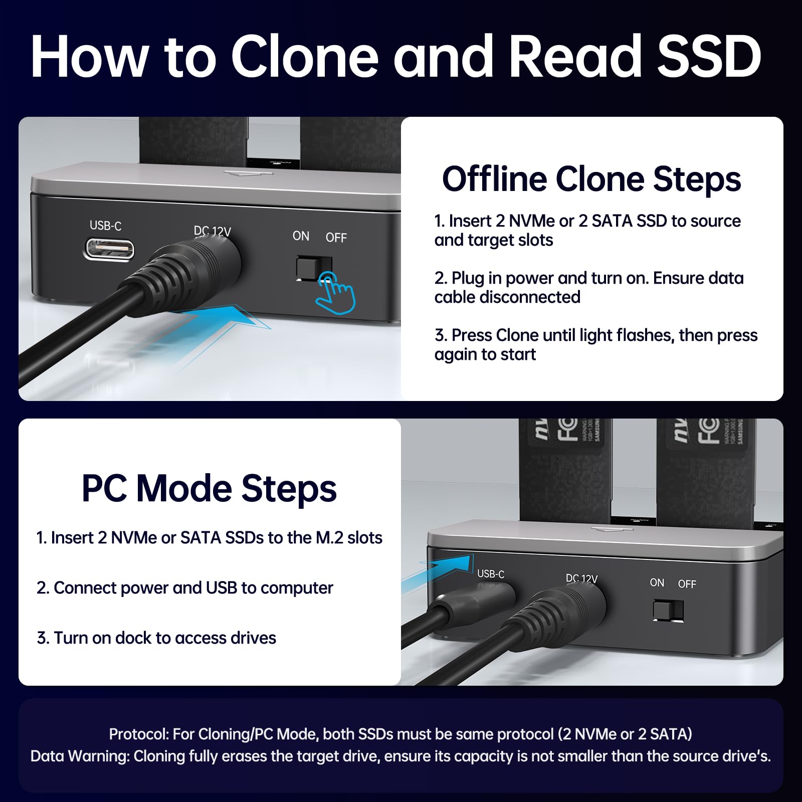SSK M.2 NVMe SATA SSD Cloner Estación de Acoplamiento, 10 Gbps USB 3.2 Gen 2 Carcasa Duplicadora de Clonación de SSD PCIe con Clave M/Clave B+M con Clonación Sin Conexión