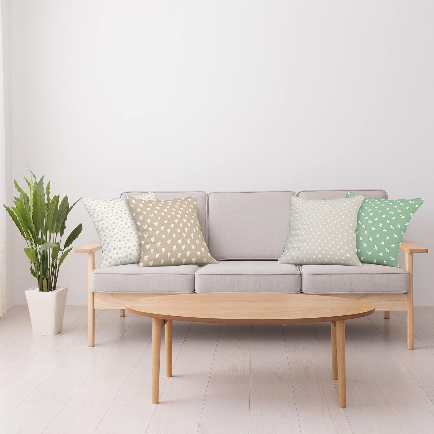 Ambesonne Minimal Throw Pillow Cushion Case Pack of 4, Repetitive Spots Dots Blots Hearts and Scandinavian X Shapes Pattern, Modern Accent Double-Sided Printing, 20" x 12", Tan Sea Green Pale Grey