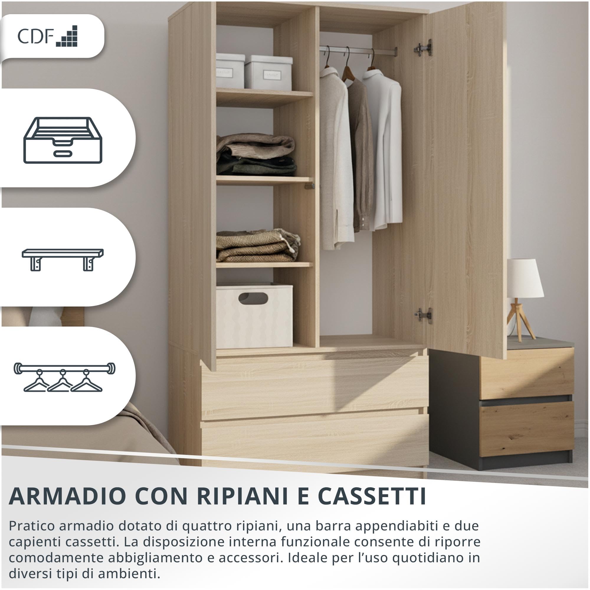 CDF Armadio Camera da Letto 90 cm 2 Ante 2 Cassetti Rovere Sonoma