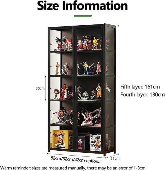Display Cabinet, Clear Display Case for Figures，Storage Shelves with Acrylic Glass Door, Bamboo Storage Cabinet Floor Standing Transparent Showcase 130 * 62 * 33cm black