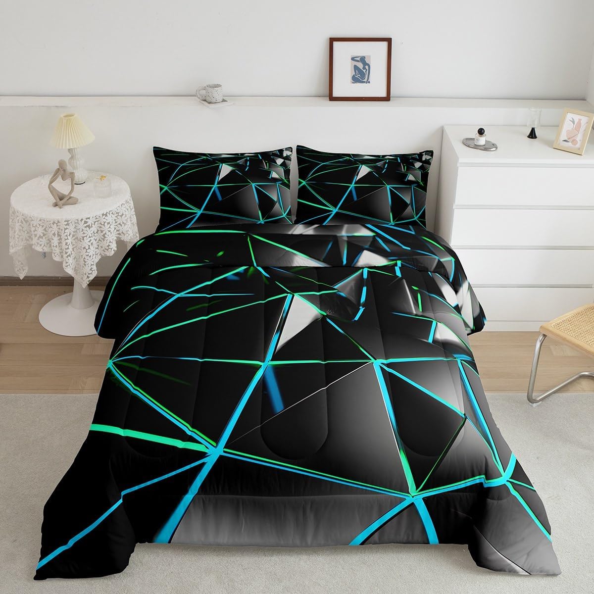 Feelyou Geometrics Hexagon Comforter Stereoscopic Honeycomb Comforter Set for Kids Blue Black Beehive Bedding Set Geometric Honeycomb Duvet Set Simplistic Room Decor Quilt Queen Size Boys