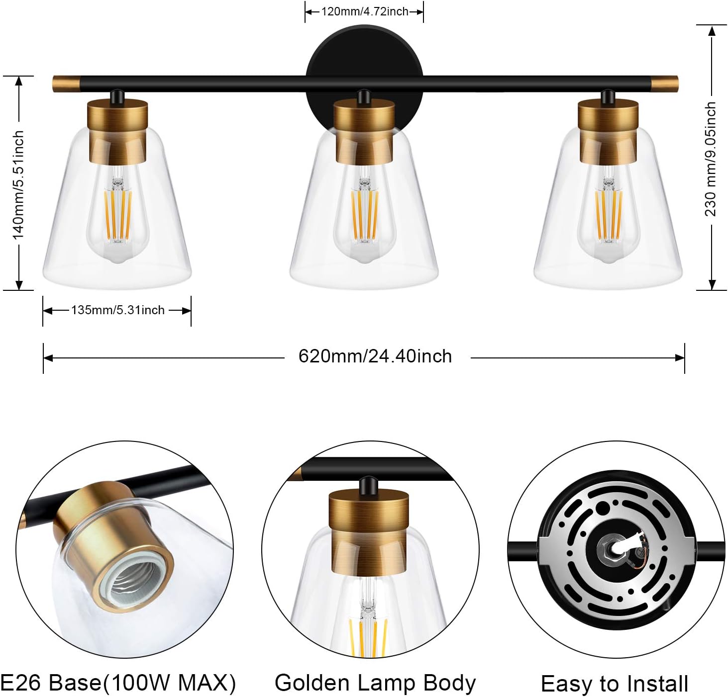 WIHTU Bathroom Vanity Light Fixtures, 3-Light Modern Wall Sconce with Matte Black Finish, Vintage Indoor Wall Lighting with Glass Shade, Wall Lamp for Mirror Cabinet, Powder Room, Dressing Table: Home Improvement