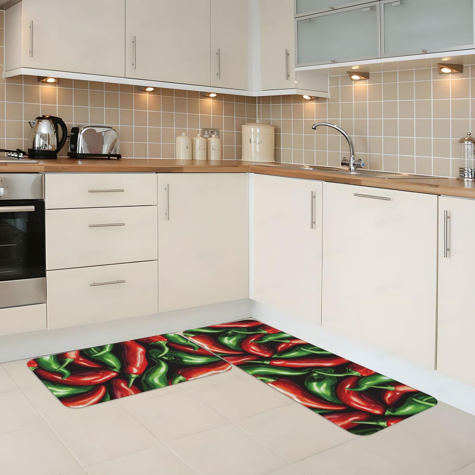 GVYGVY Antifatigue Kitchen Mats for Floor 2 Piece - Red Green Chili Print Kitchen Rugs Washable, Non Slip Runner Rug Standing Mat for Office/Bathroom/Laundry/Home Decor and Accessories