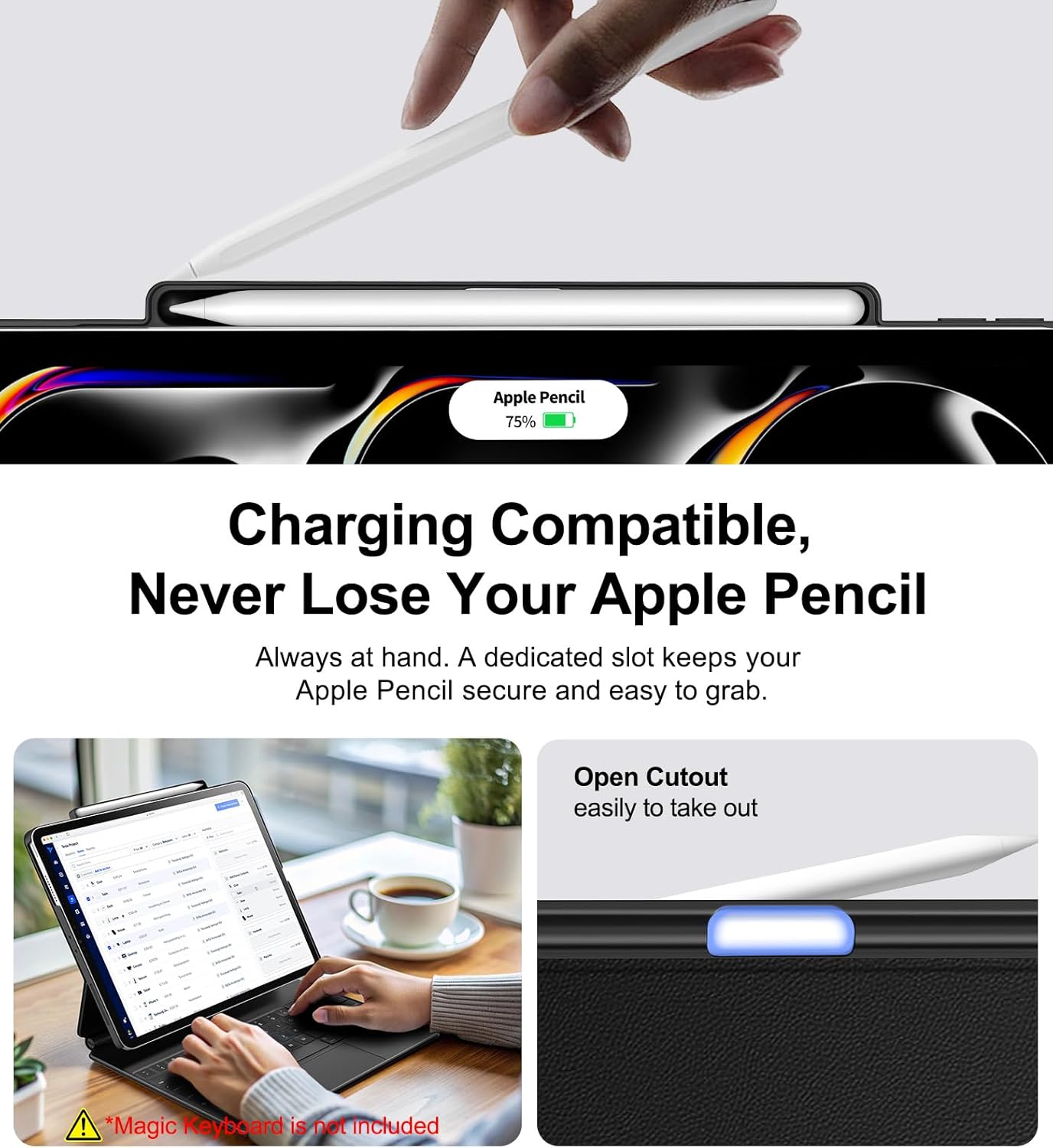 Magic Keyboard Compatible Case for iPad Pro 13 inch M4/M5 2024/2025, Cover with Apple Pencil Holder for Smart MagicKeyboard Folio Slim Durability (Keyboard Not Included), Black Delicate Leather