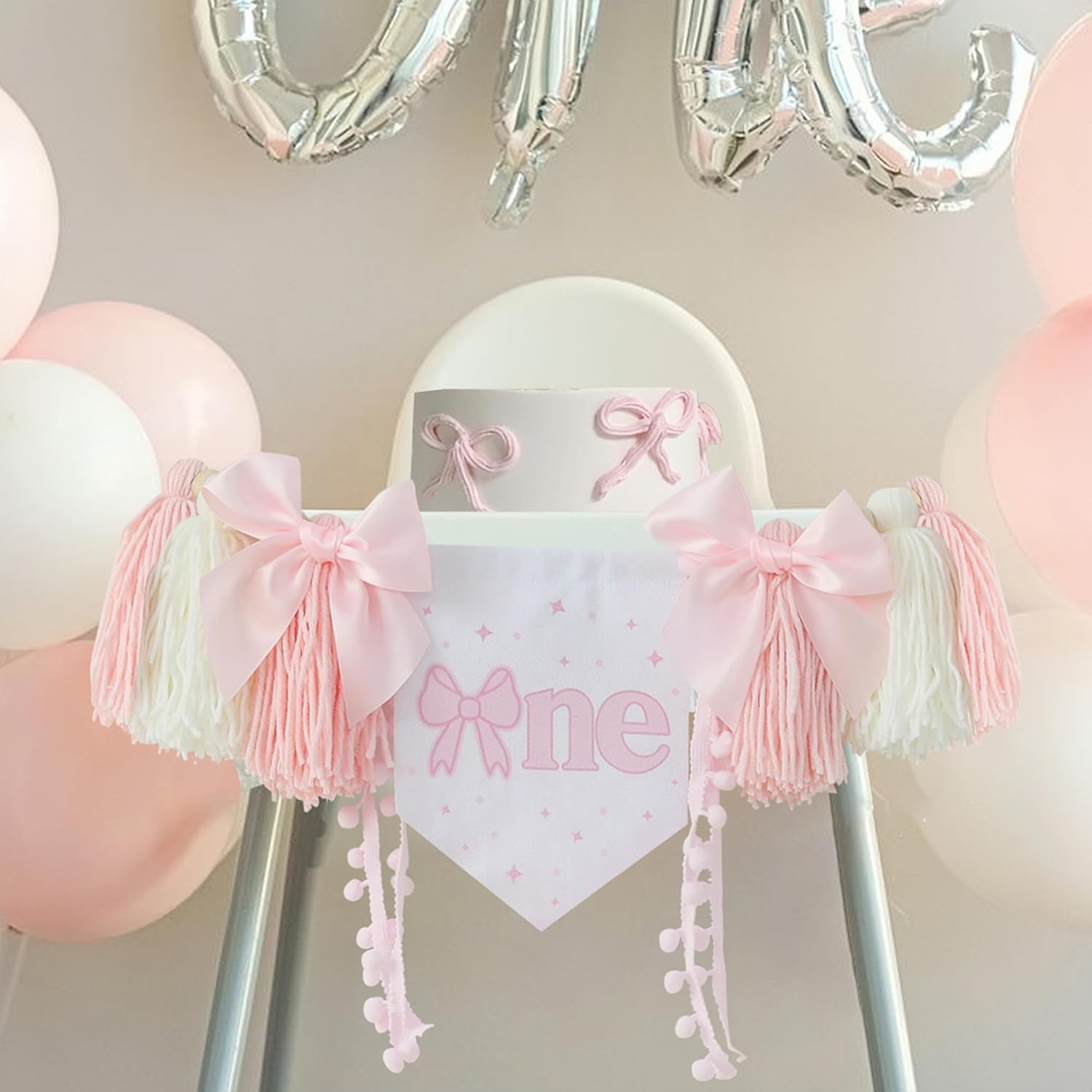 Handmade Pink Bow High Chair Banner 1st Birthday Party Decoration For Baby Girls WallHanging - Image 5