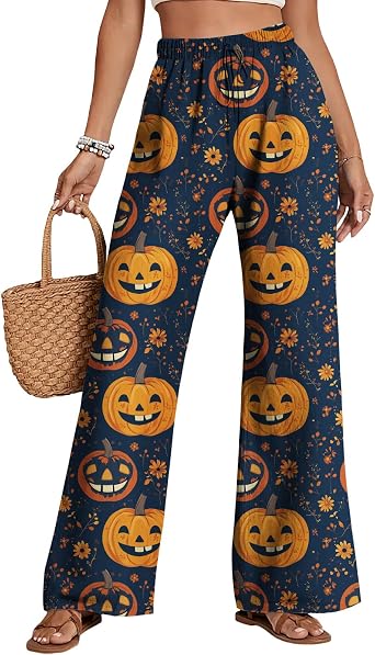 Zhyaj Women High Waist Wide Leg Pants Artistic Pattern Flowy Palazzo Trousers Elastic Drawstring Summer Lounge Wear