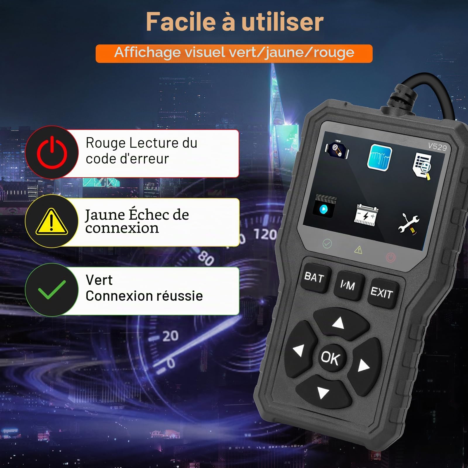 Appareil de Diagnostic OBD2 Universel pour Voiture et Moto - Lecteur de Code de Défaut avec Écran Couleur HD, Surveillance de Batterie - Outil de Diagnostic Complet pour Véhicules 12V
