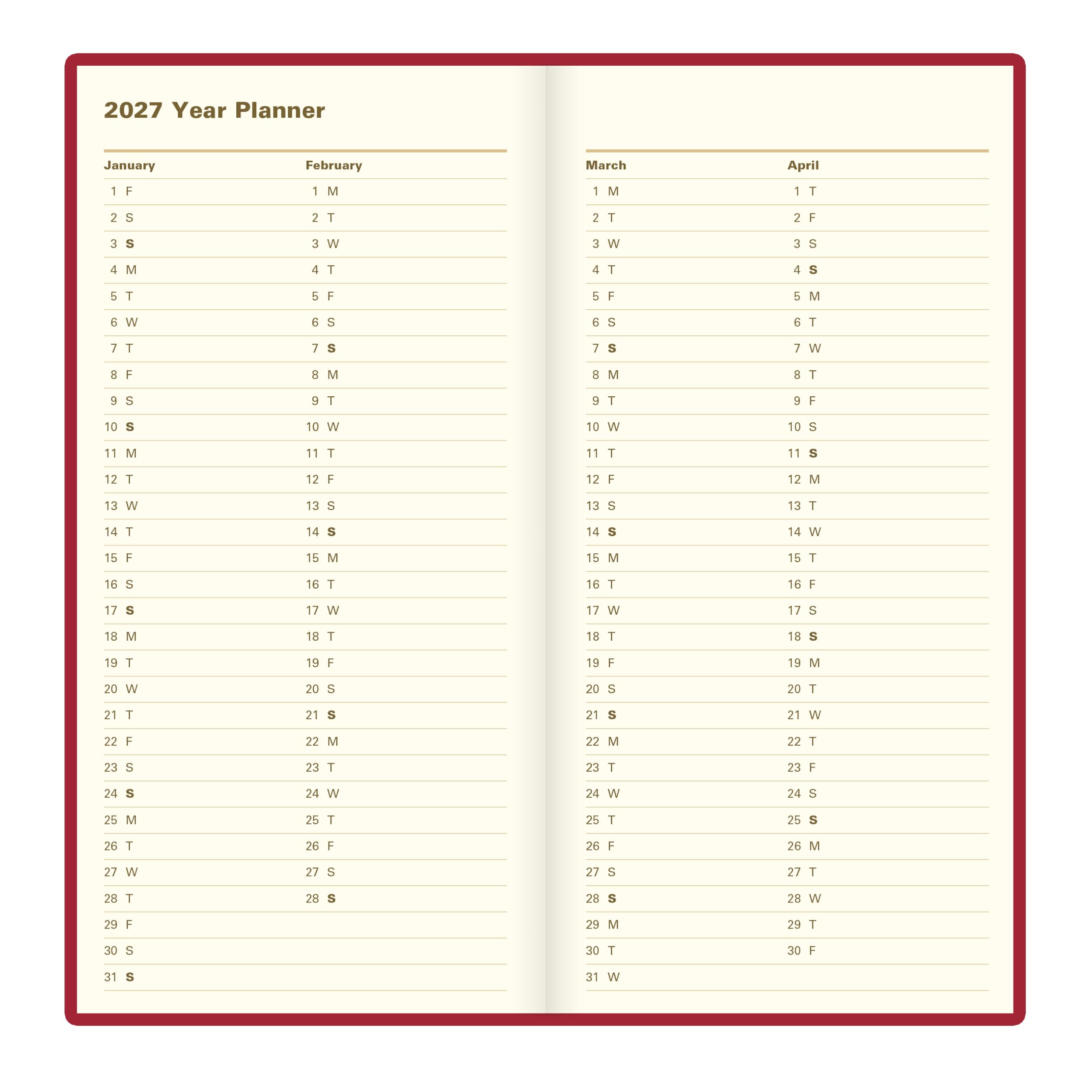 Letts of London® Agenda settimanale 2027, 12 mesi, da gennaio a dicembre, in cuoio rigenerato, formato sottile, 16,828 x 8,26 cm, inglese, bordeaux (C38SUBY)