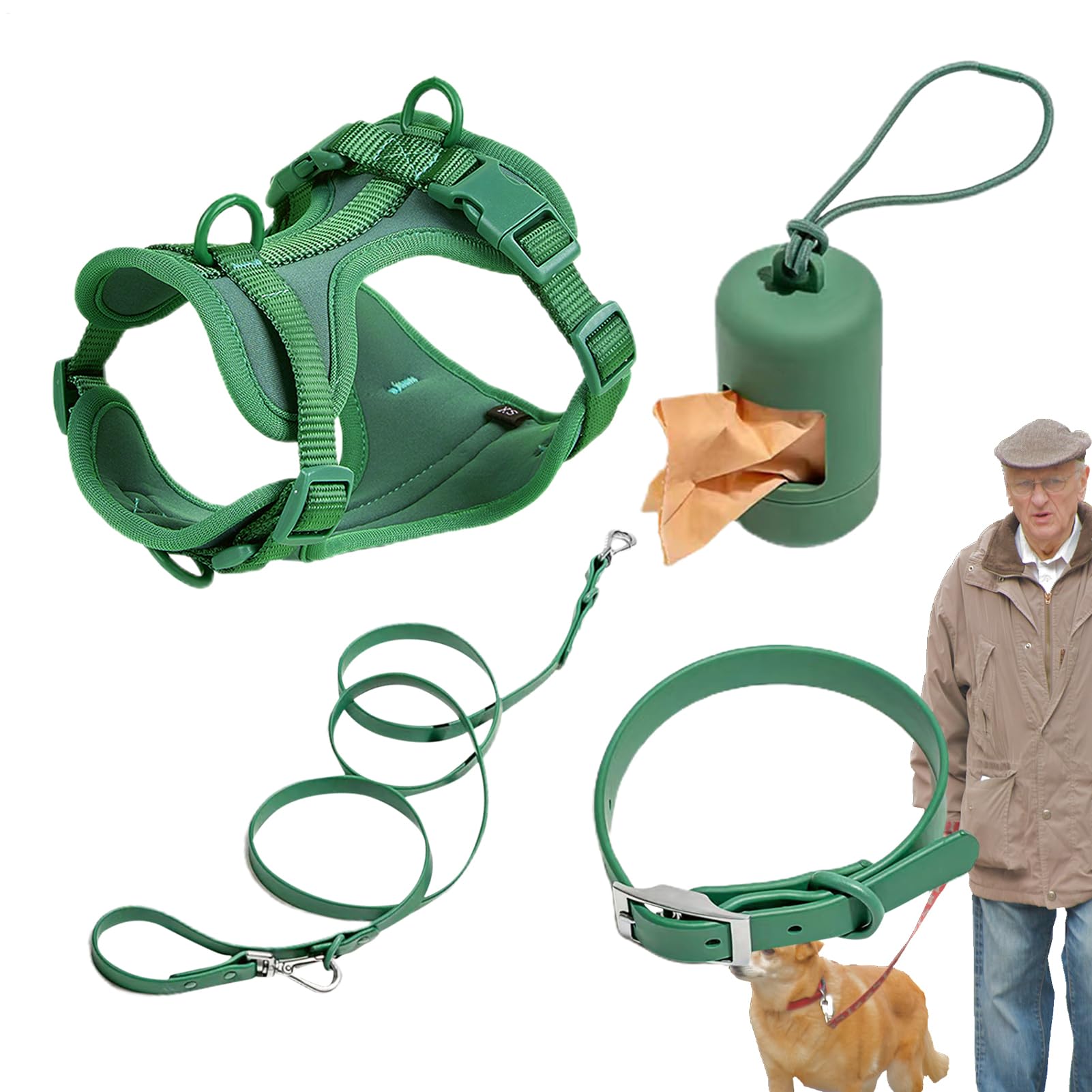 Juego de correas para perros | Collar ajustable para perros – Juego de | correa "Step in No Pull" arnés para mascotas para perros y cachorros con soporte para bolsas de caca