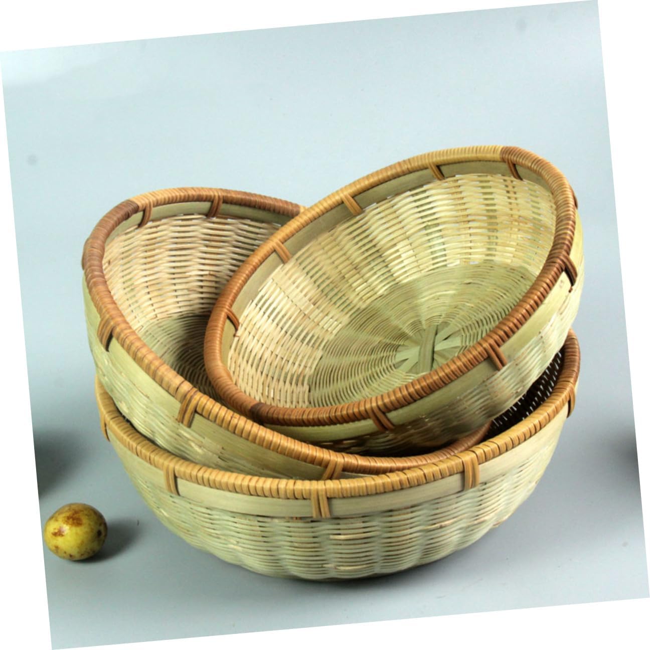 NUOBESTY 3pcs Bread Basket Set Drainage Function, Handmade Green Woven Desktop Fruit and Food Serving Baskets for Kitchen and Household Storage