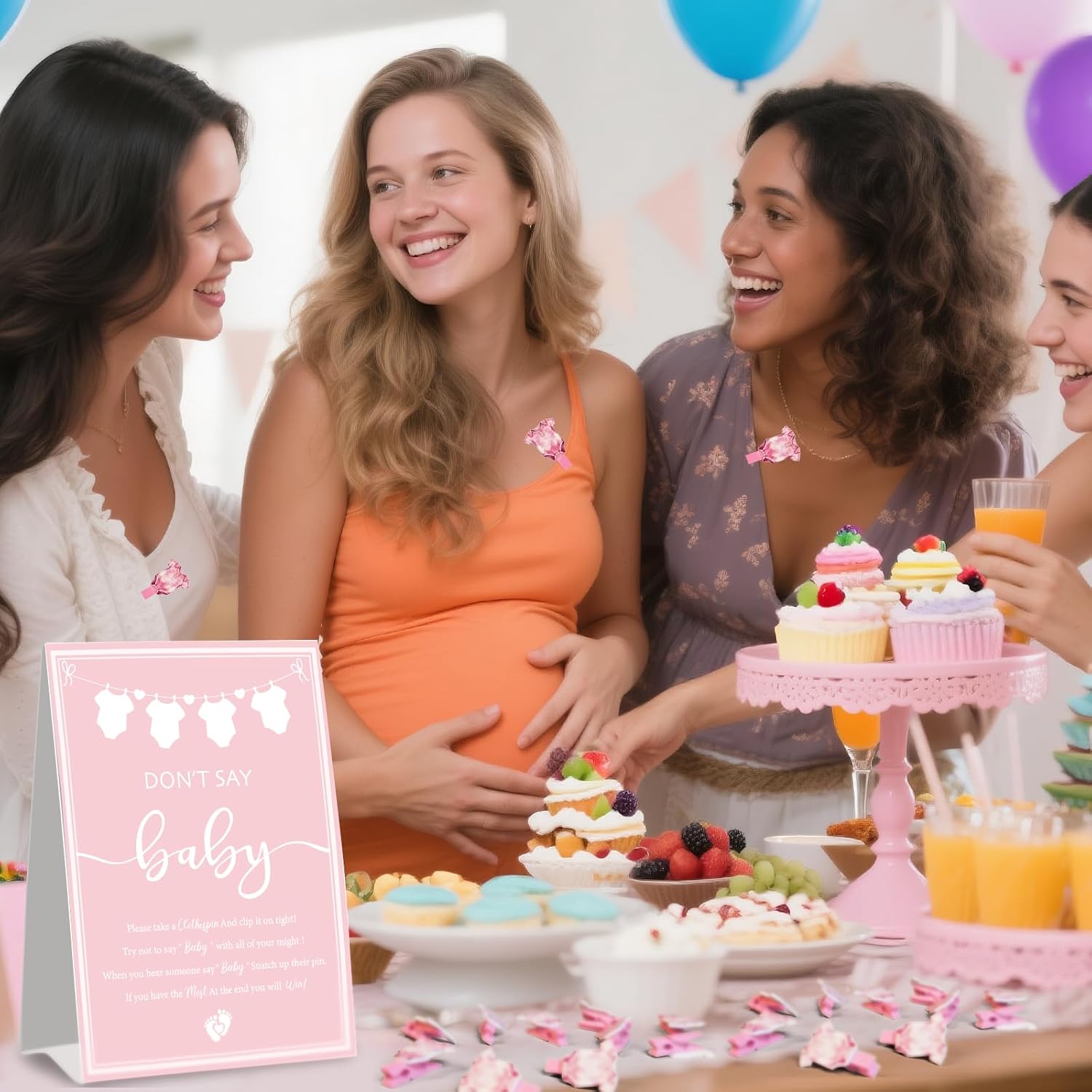 Baby Shower Games For Girl, Don't Say baby Pink, 1 Decorative Sign and 50 Mini Clothespins, baby shower Clothes pink Game