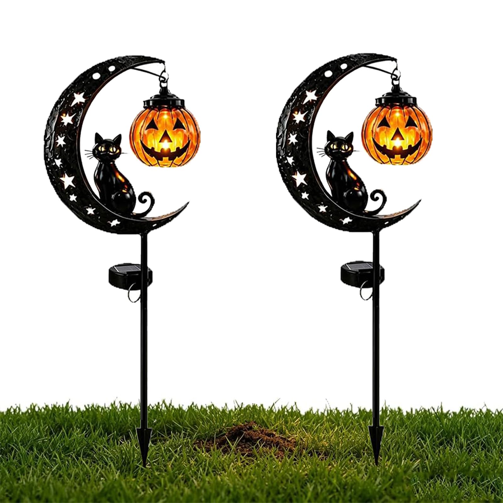 Pealeaf Solar Halloween Garden Lights, Black Cat Pumpkin Moon Solar Stake Light, Outdoor Pumpkin Lamp for Yard Porch Patio Lawn Pathway Halloween Decorations (2PCS,#B)