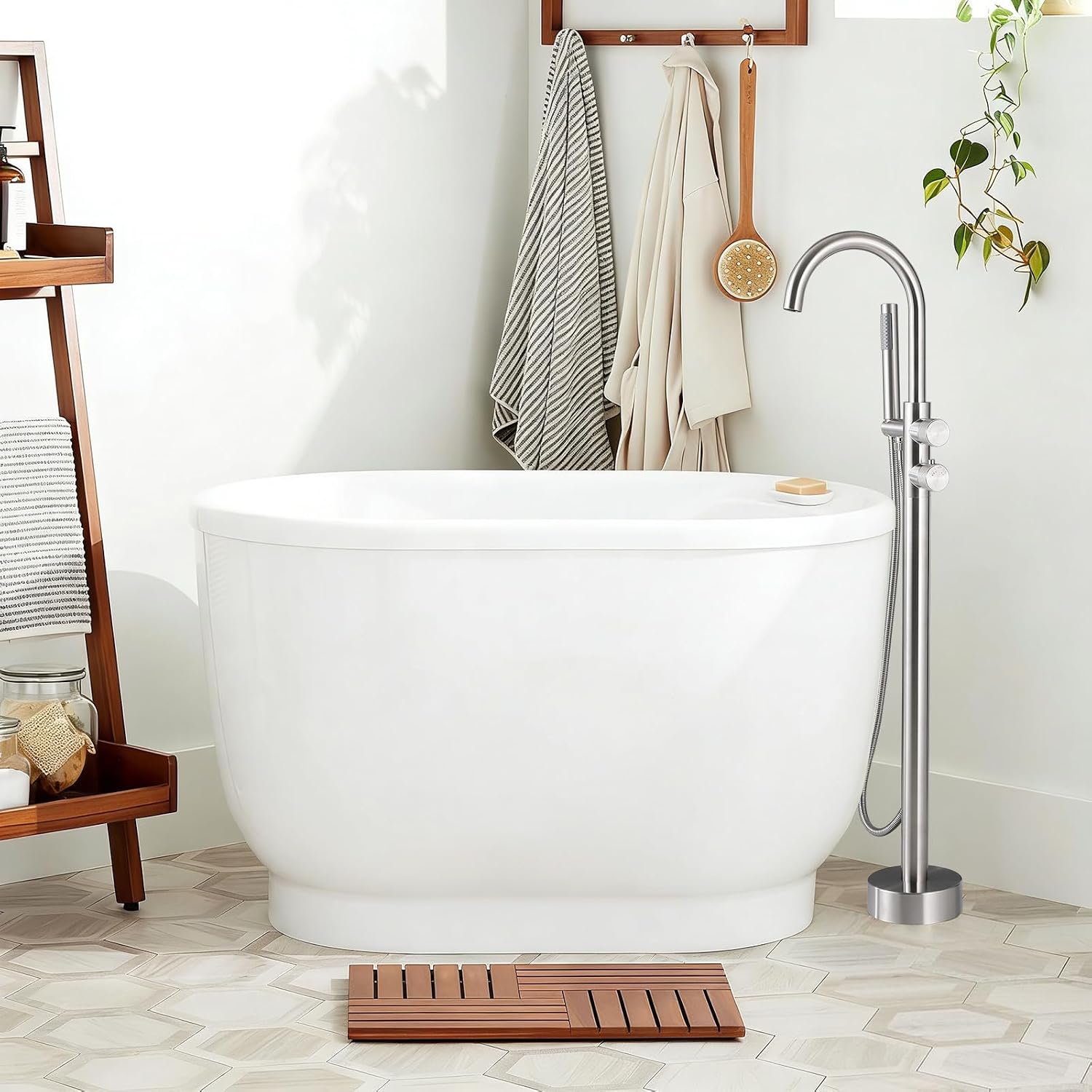 RBROHANT Thermostatic Free Standing Tub Faucet, Brushed Nickel Freestanding Bathtub Faucet with Hand Shower, 316 Stainless Steel Stand Alone Outdoor Faucet, Floor Mount, RB1360