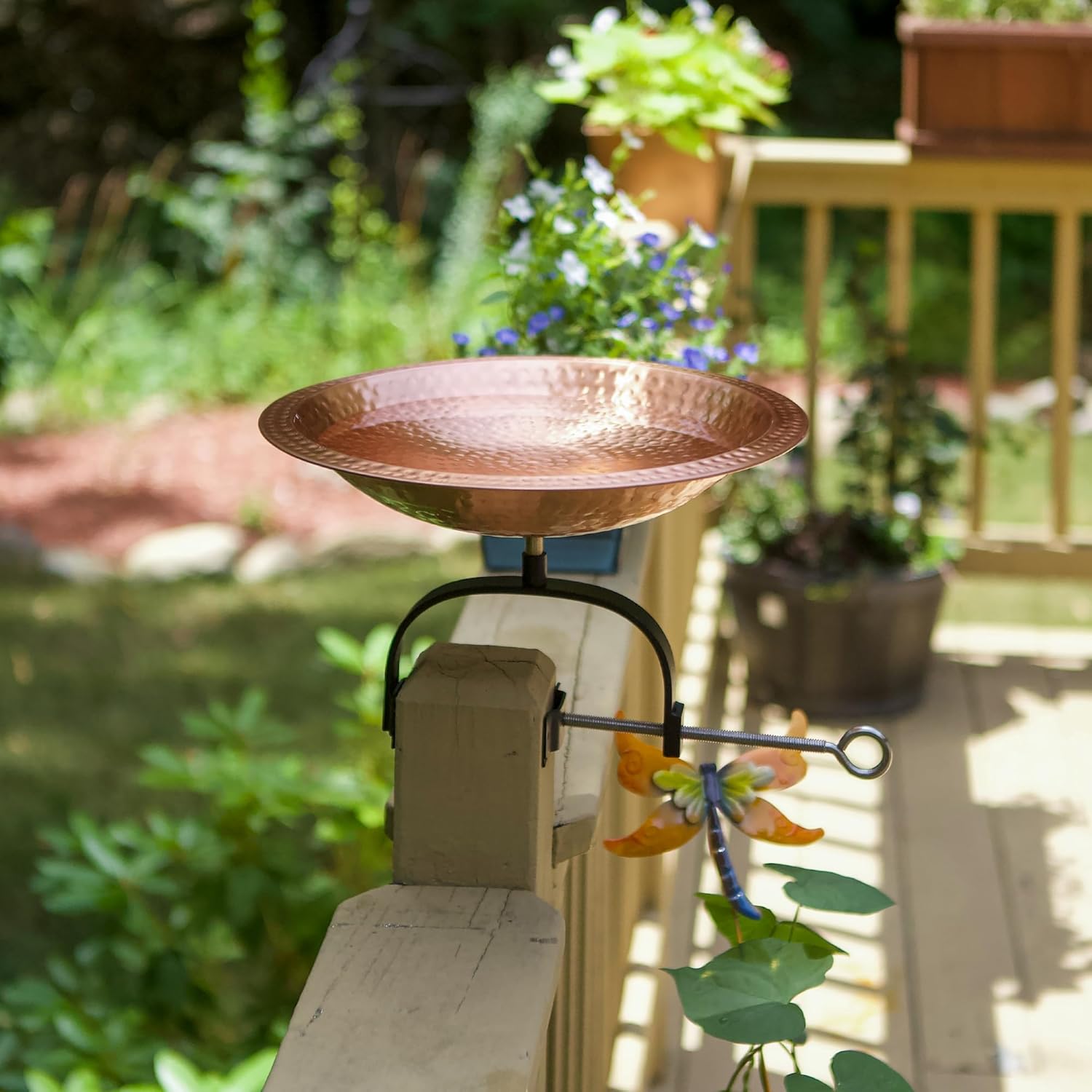 Hammered Solid Copper Birdbath- Over Rail Bracket