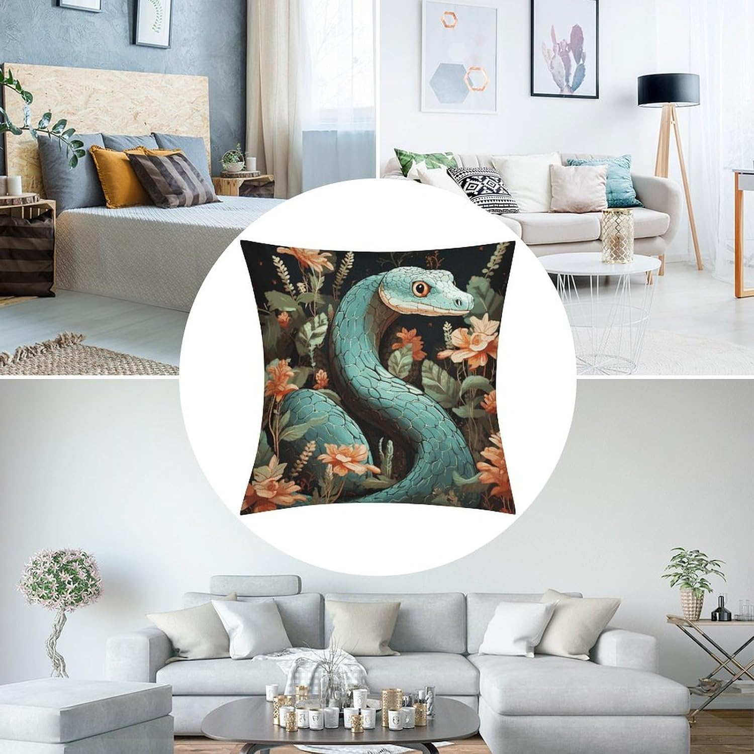 Snake and Flower Pillow Protectors Cute Waterproof Pillow Cover Soft Skin-Friendly Cushion Case Decorative Square Cushion Cover for Couch Sofa Bed Living Room Bedroom