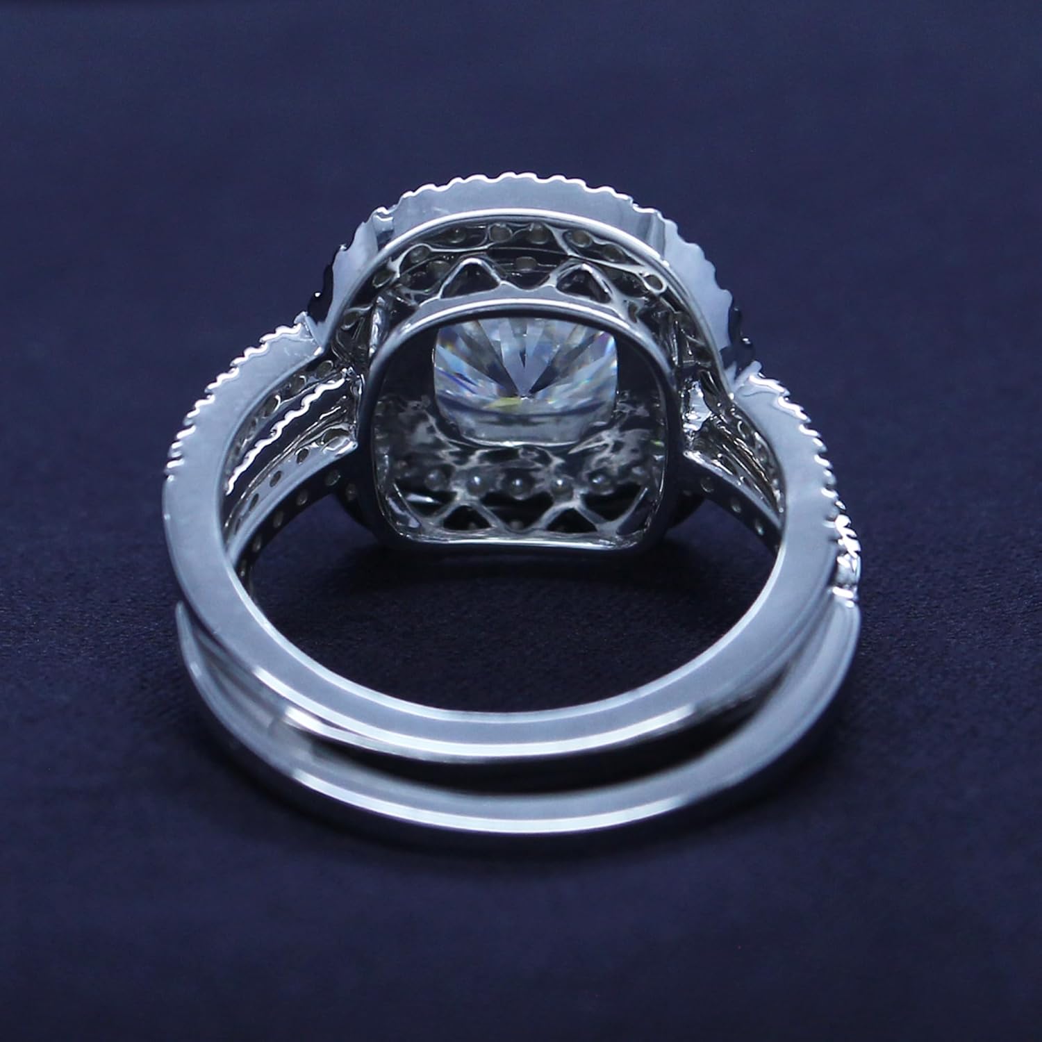 SAVEARTH DIAMONDS Cushion Cut Lab Created Moissanite Engagement Ring & Double Wedding Band Halo Bridal Set, Wedding Rings Bands in 14k Gold Plated 925 Sterling Silver (3.50 Cttw, G-H/VVS1)