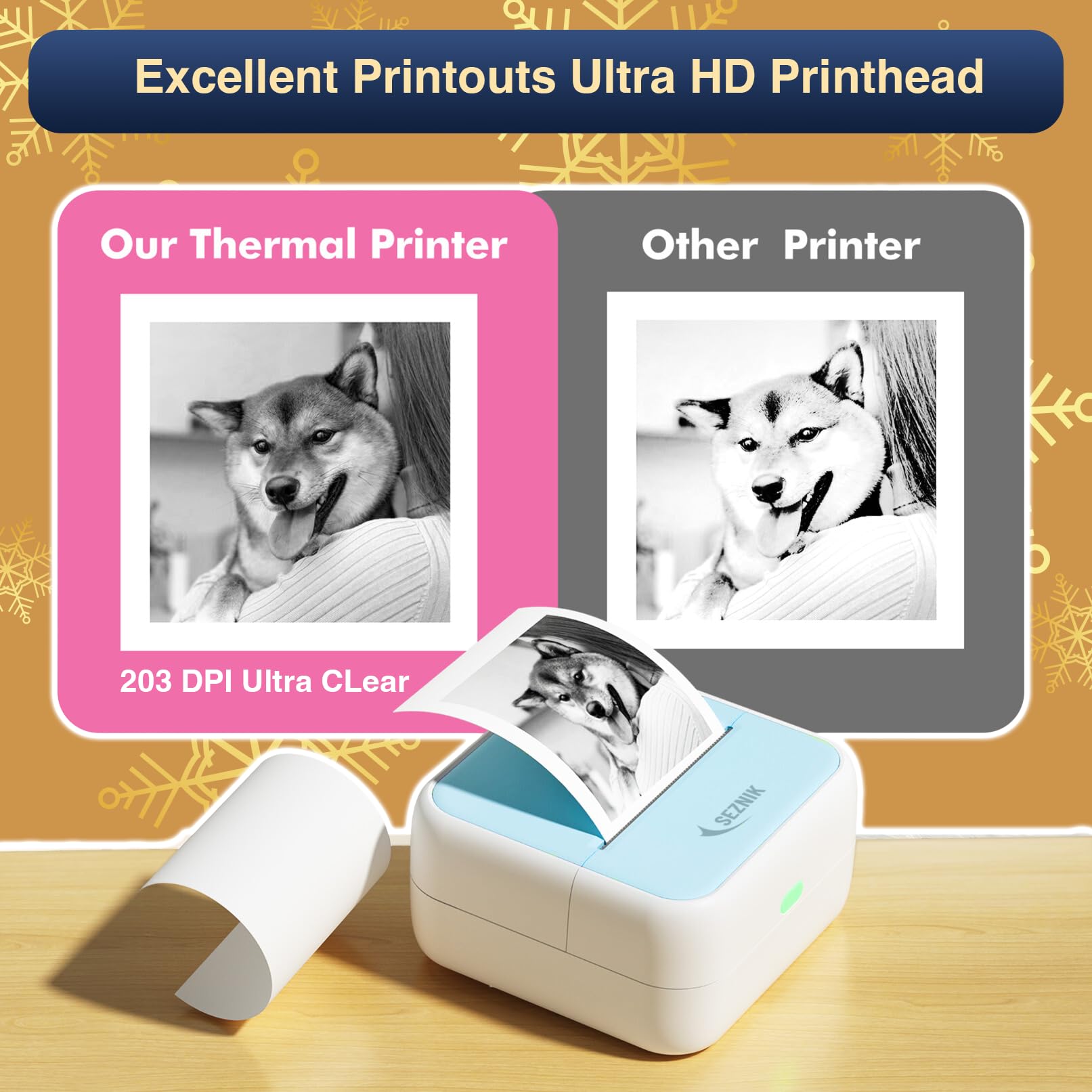SEZNIK Mini Printer, Inkless, Bluetooth, Portable Printer, Compatible with Android, iOS Mobile. 1 Year Warranty (MiniX-Blue-Gift) 2