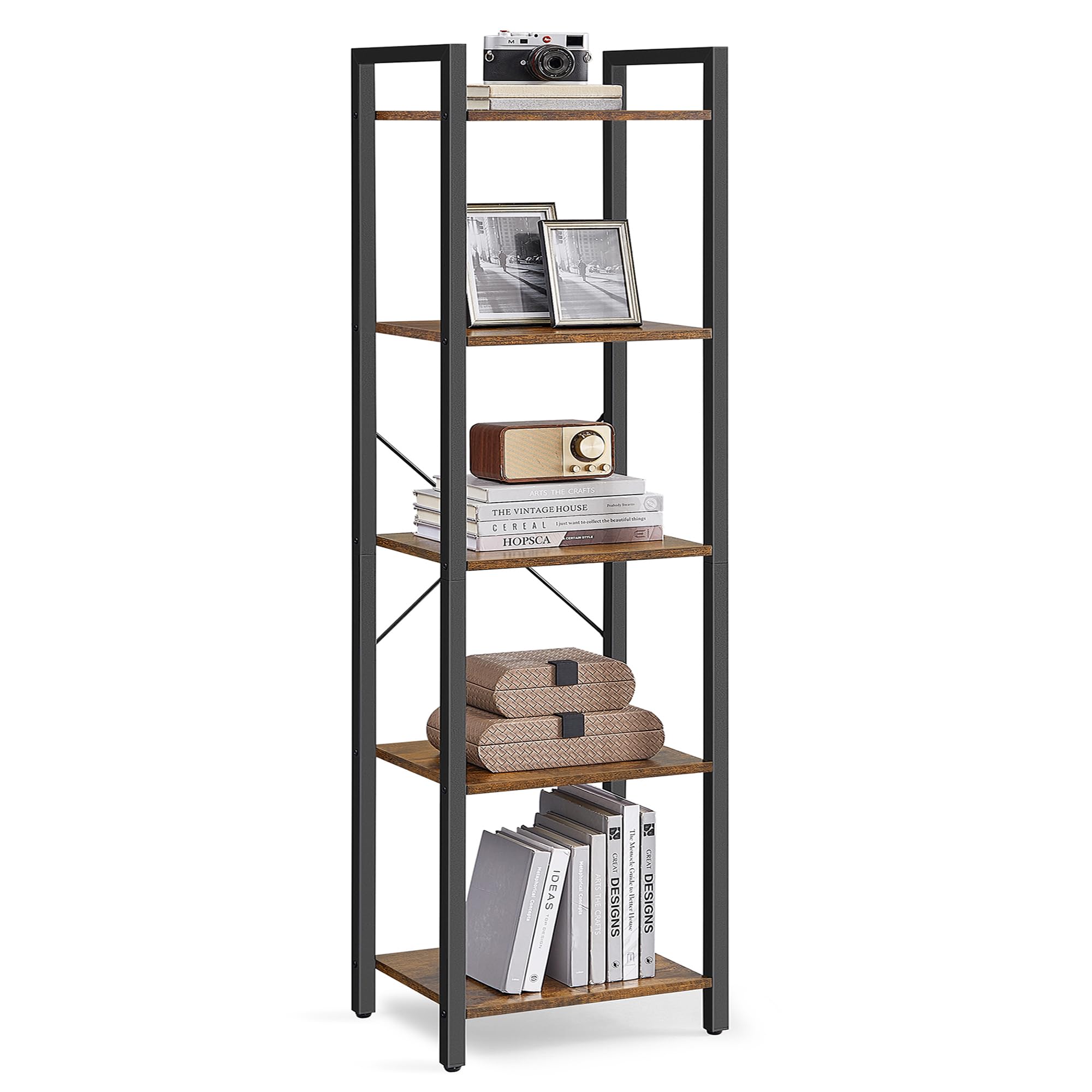 VASAGLE 5-Tier Bookshelf, Bookcase with Steel Frame, Book Shelf for Living Room, Home Office, Study, 11.8 x 15.7 x 60.2 Inches, Industrial Style, Rustic Brown and Ink Black ULLS100B01