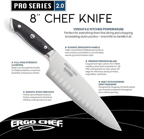 Miniatura 2 de Ergo Chef Pro Series 2.0 - Cuchillo de chef de 8 pulgadas, hoja de acero inoxidable forjado de alto carbono 7Cr17MoV con mango ergonómico de madera