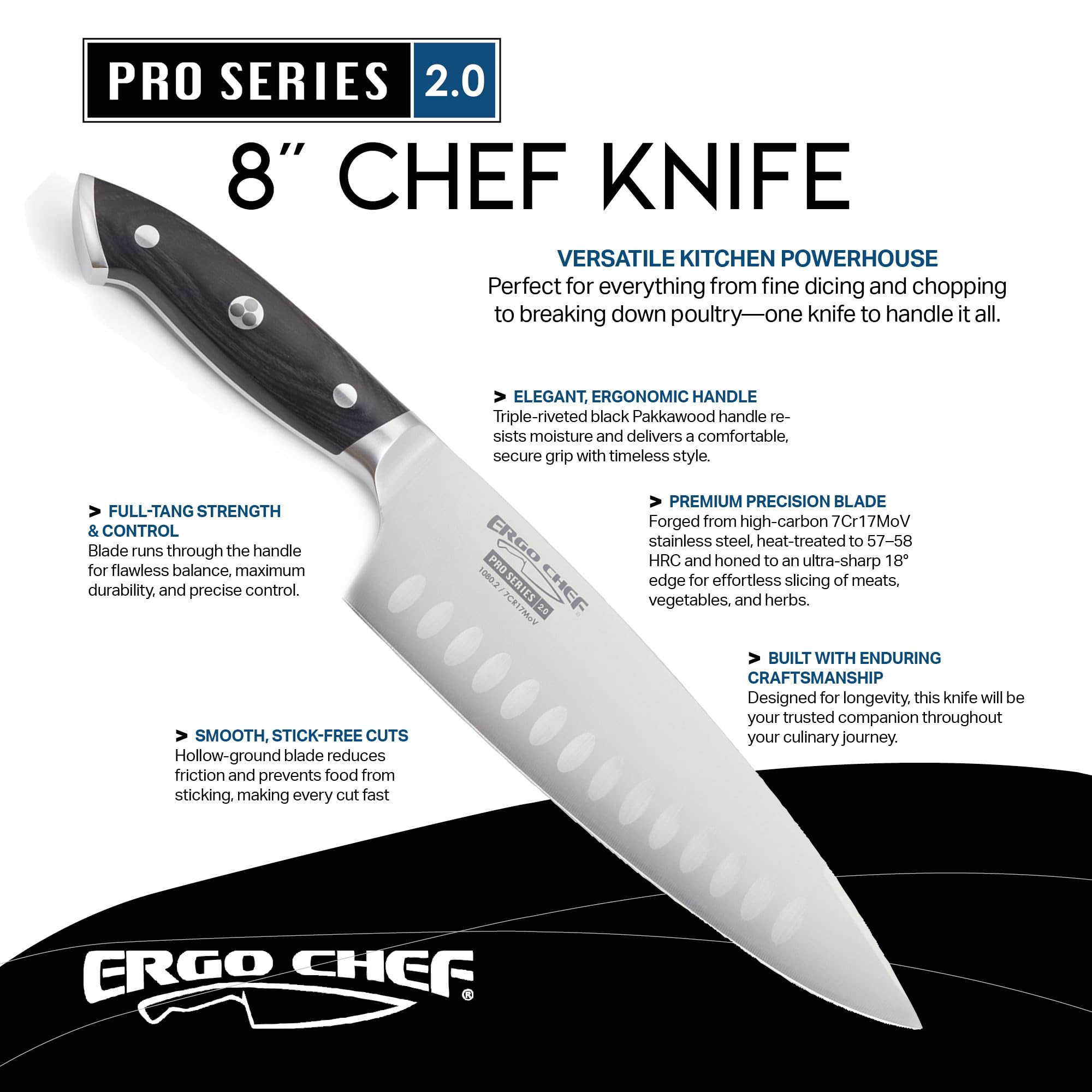 Ergo Chef Pro Series 2.0 8-Inch Chef’s Knife - Forged High Carbon 7Cr17MoV Stainless Steel Blade with Ergonomic Black Pakkawood Handle - Full Tang Construction — Amazon image 2