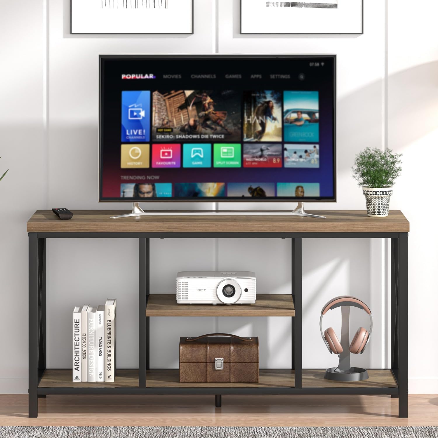 FOLUBAN TV Stand for TVs up to 55 Inch, Rustic Wood and Metal Entertainment Center with Storage, Modern Industrial Media TV Console Table for Living Room Bedroom, Oak 47 Inch