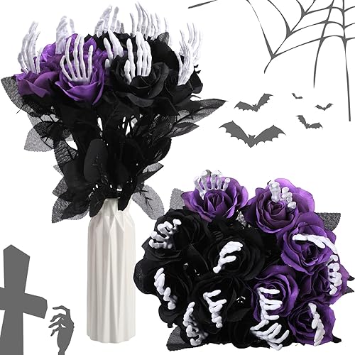Miniatura 1 de Tigeen 12 piezas de flores artificiales de Halloween con esqueleto de cráneo a mano, ramos de flores negras, hojas de eucalipto negras, juego de