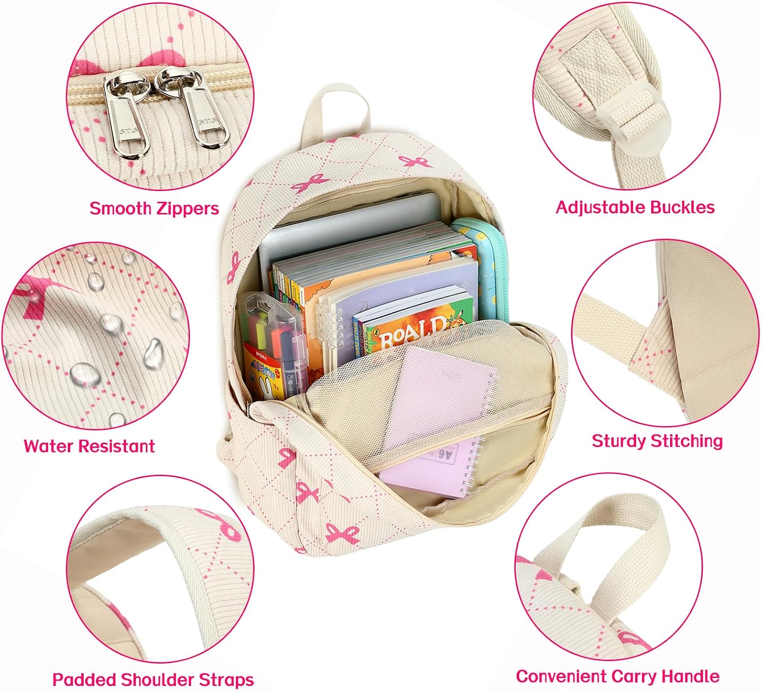 School Backpacks for Teen Girls Bookbags Lightweight Kids Backpack School Bags Set with Lunch Box Pencil Case, Waterproof Laptop Backpack Casual Daypacks (Pink bow tie) image 2