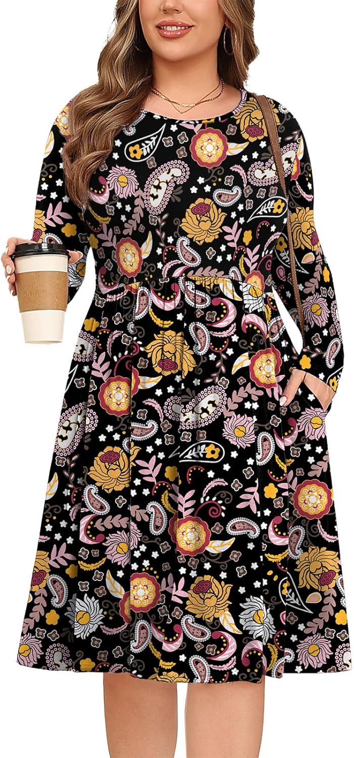 POSESHE Women's Plus Size Dresses Long Sleeves Crew Neck Casual Dresses Empire Waist Loose Flowy Dress with Pockets - Image 2