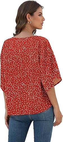 Miniatura 3 de VIISHOW Blusas de gasa con lazo frontal para mujer, cuello en V, manga corta de murciélago, blusas florales de verano