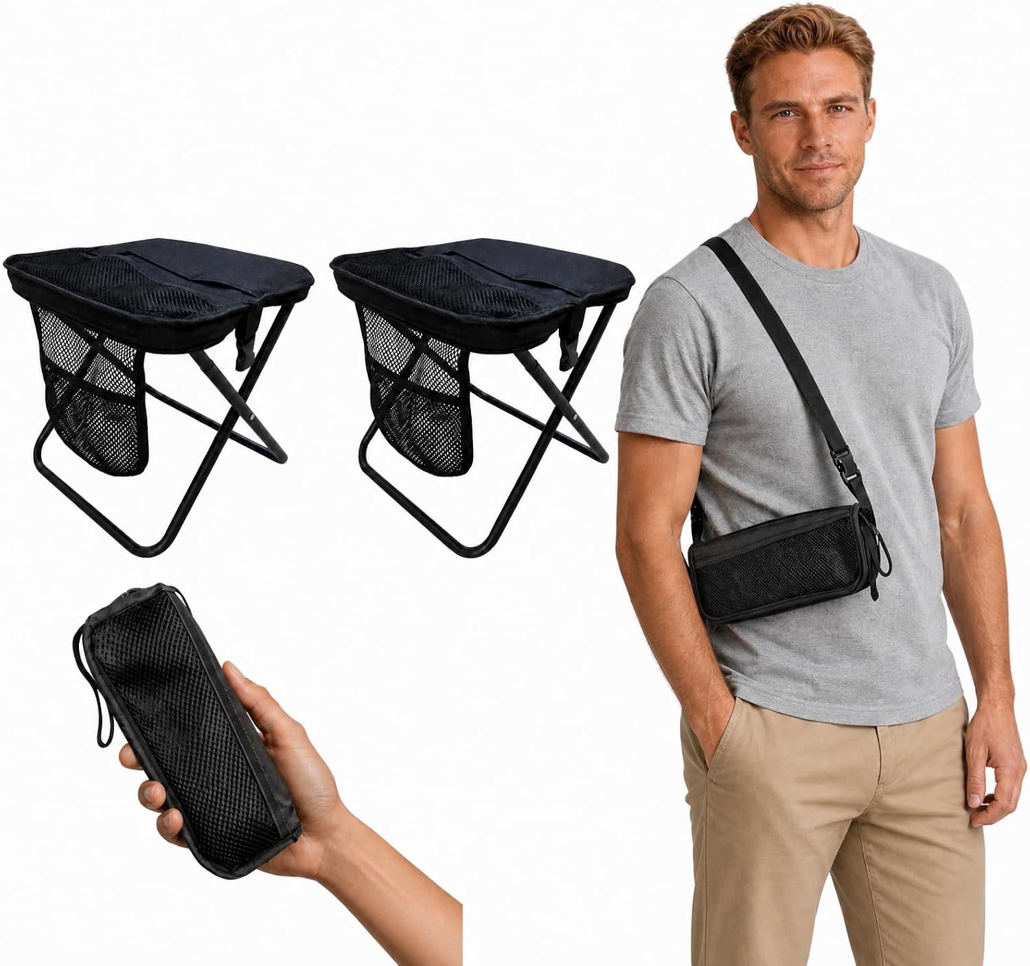2 Pack Portable Folding Stool, Backpack Chair with Storage & Strap, Black | Foldable, Convenient to Carry Across The Body, Sturdy and Stable, Lightweight, Adjustable Shoulder Strap