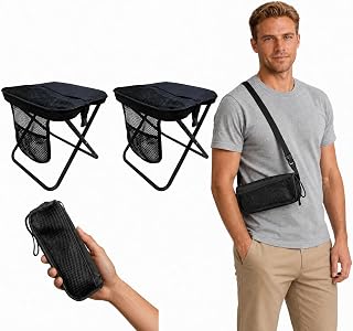 2 Pack Portable Folding Stool, Backpack Chair with Storage & Strap, Black