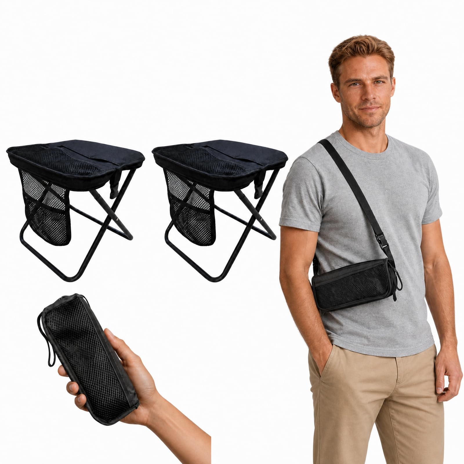 Photo 1 of 2 Pack Portable Folding Stool, Backpack Chair with Storage & Strap, Black