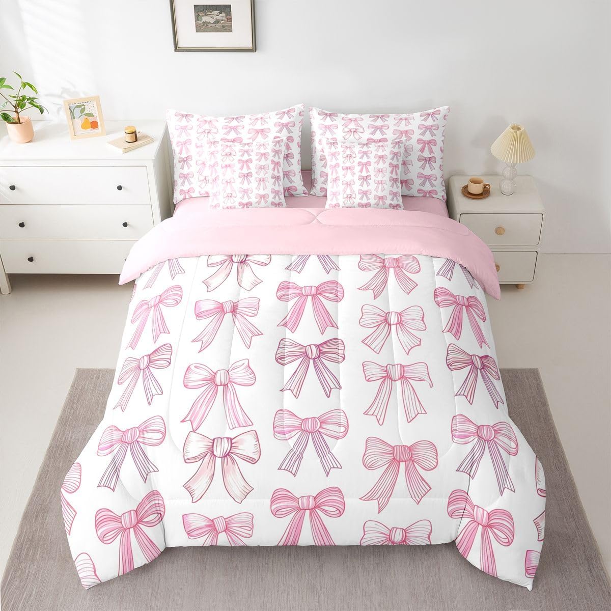Erosebridal Ribbon Bow Girls Comforter Set Kawaii Bowknot Bed in A Bag Twin Size 7 Pieces Pink Bow Tie Bed Set Room Decor Preppy Princess Bedding with Sheets