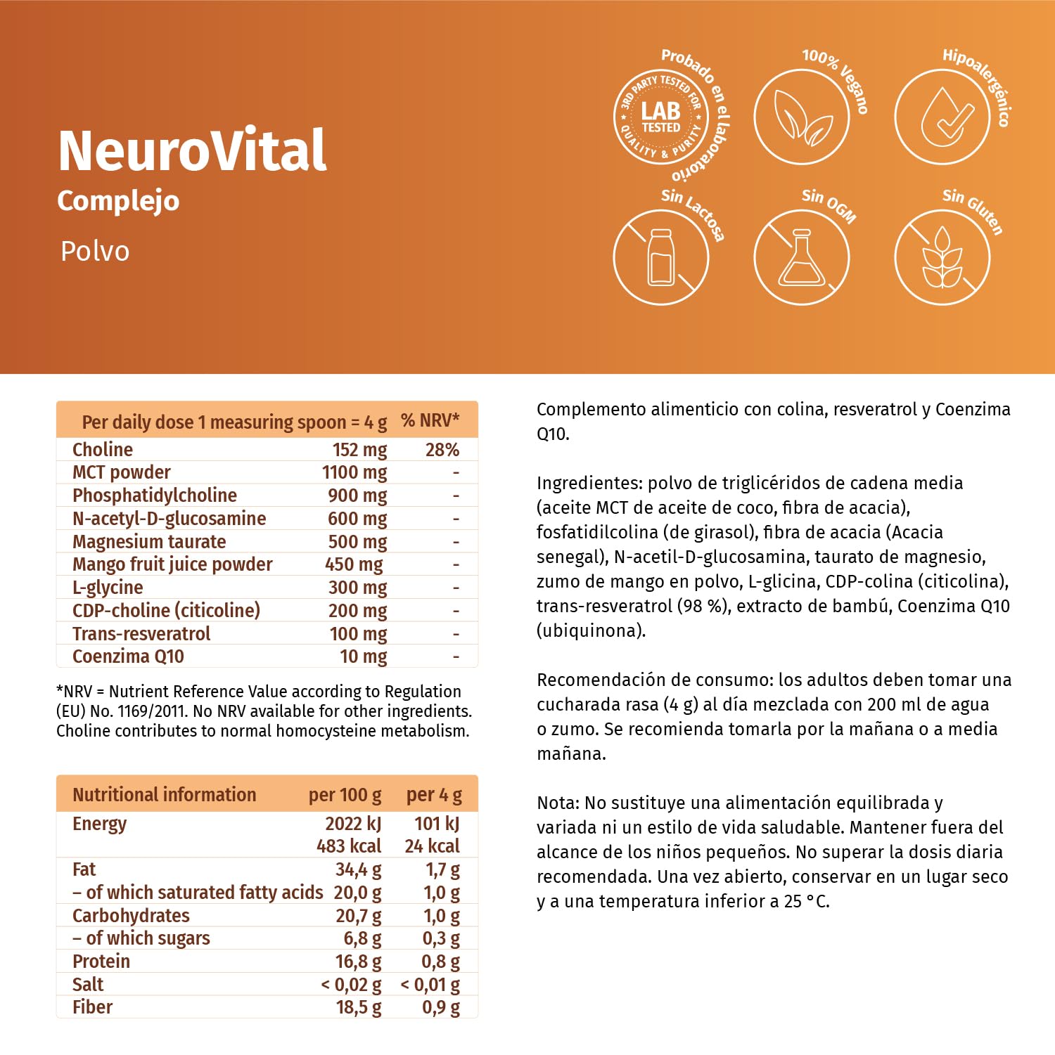NeuroVital Komplex 300 Pulver – Nährstoffmischung mit MCT-Pulver, Citicolin (CDP-Cholin), Magnesium & Pflanzenstoffen – Nahrungsergänzung für bewusste Ernährung & aktive Lebensweise