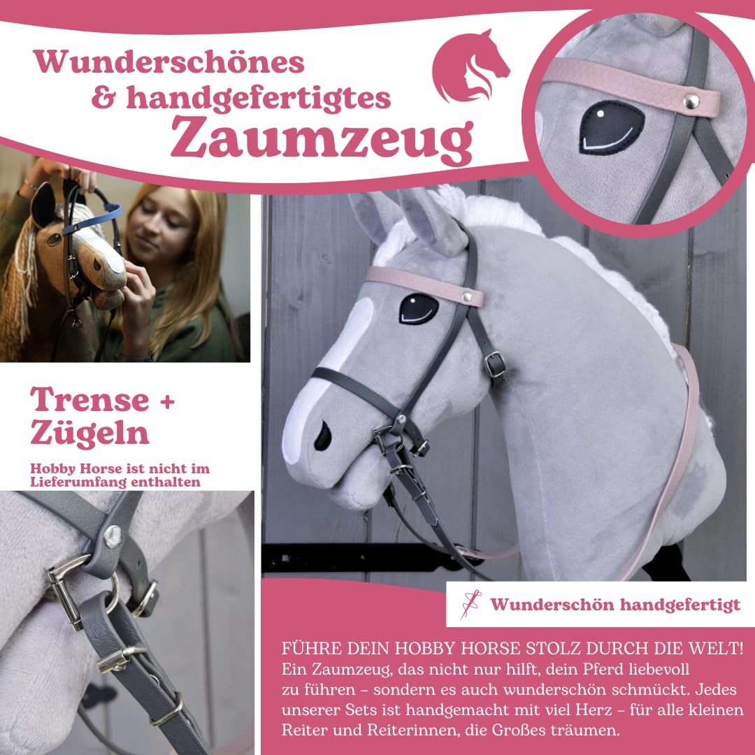LarDen Hobby Horse Trense mit Zügeln Kunstlederzaumzeug Grau Pink Stirnriemen Zubehör