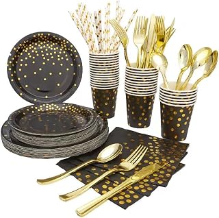 201 Pcs Black Gold Disposable Party Cutlery, Party Paper Dinnerware Set Plates Cups Dinnerware Napkins for 25 Guests Christmas Birthday Wedding Graduatio Party Decorations (Black)