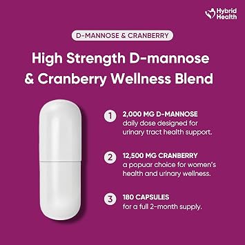Hybrid Health D Mannose & Cranberry 2,000mg - 2 Months Supply, 180 D-Mannose Capsules with High-Strength Cranberry Extract, Vegan-Friendly, Non-GMO, D-mannose Cranberry Dual Formula