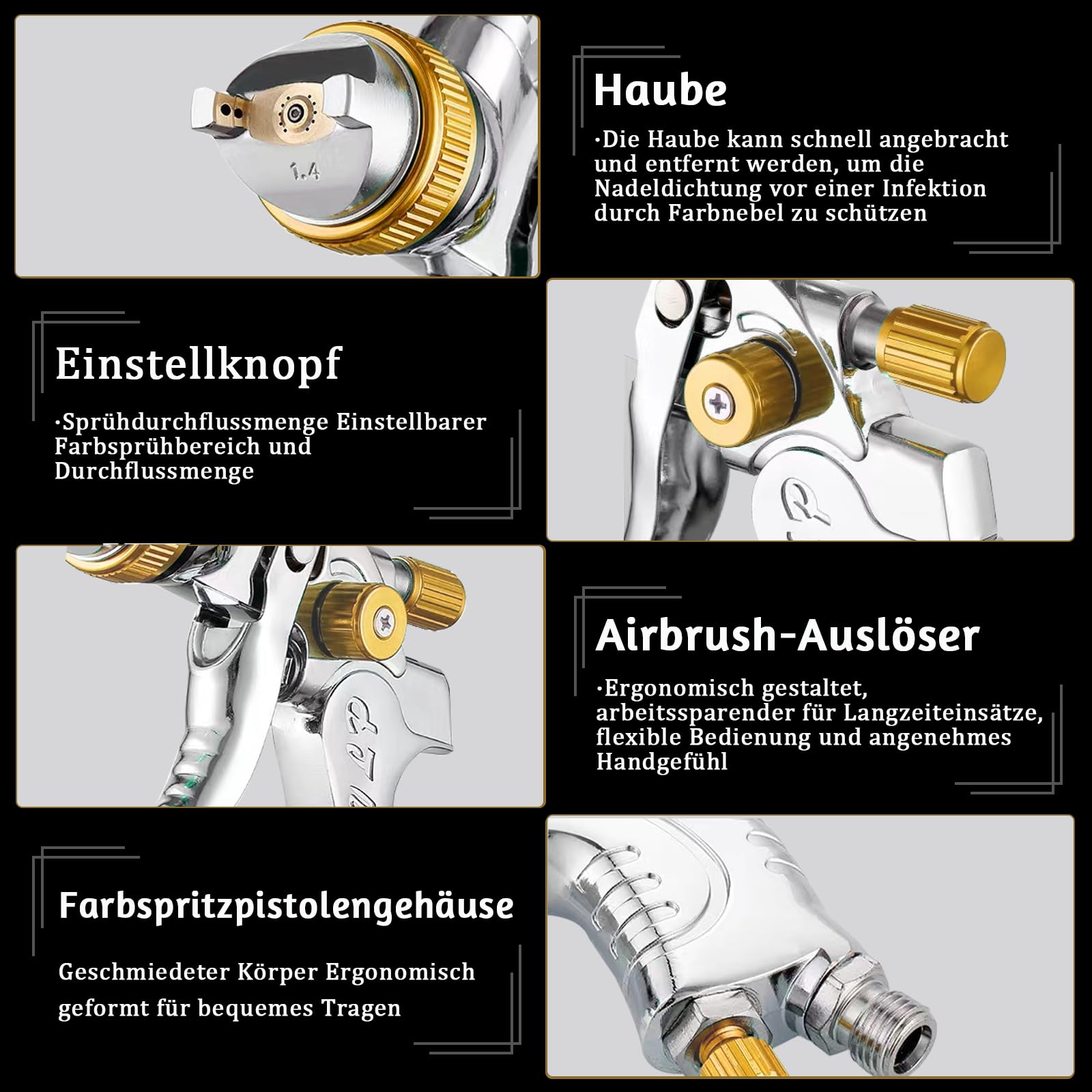 HVLP Pistola a spruzzo con 4 ugelli – 1,4 mm & 1,7 mm & 2,0 mm & 2,5 mm & 2,5 mm, pistola professionale per verniciatura ad aria compressa con bicchiere di plastica da 600 ml (giallo)