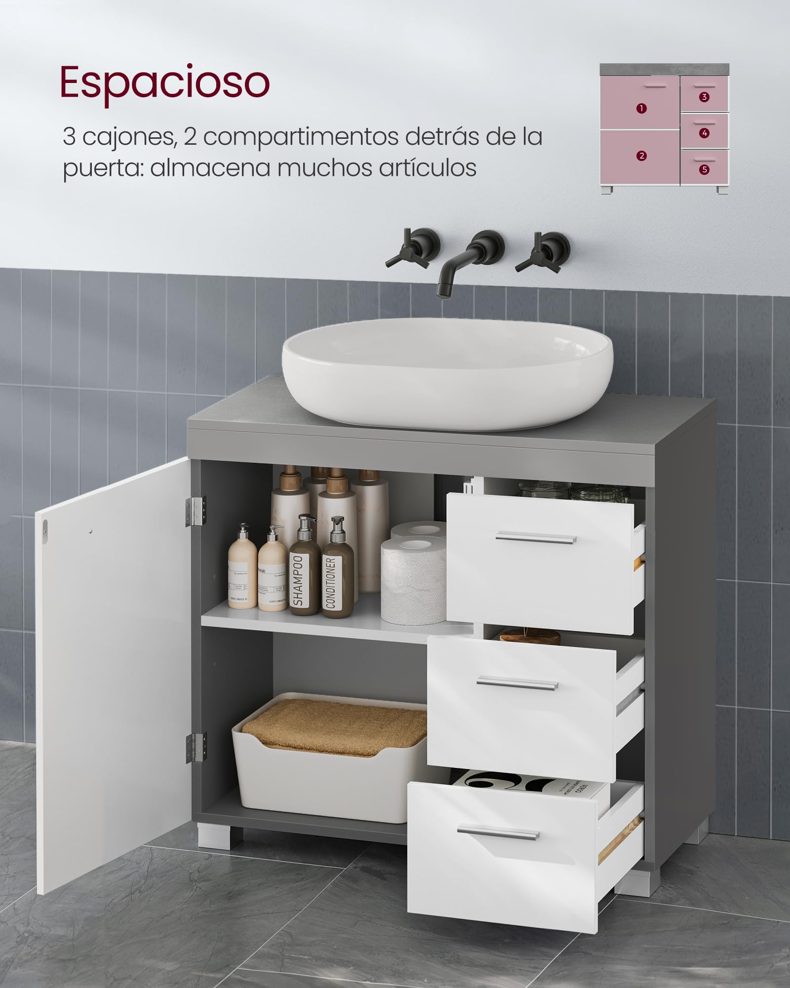 VASAGLE Mueble Bajo Lavabo, Armario de Baño, 3 Cajones, 2 Compartimentos Detrás de la Puerta, con Pies, 30 x 70 x 64 cm, Gris Cemento y Blanco Nube BBK503T49