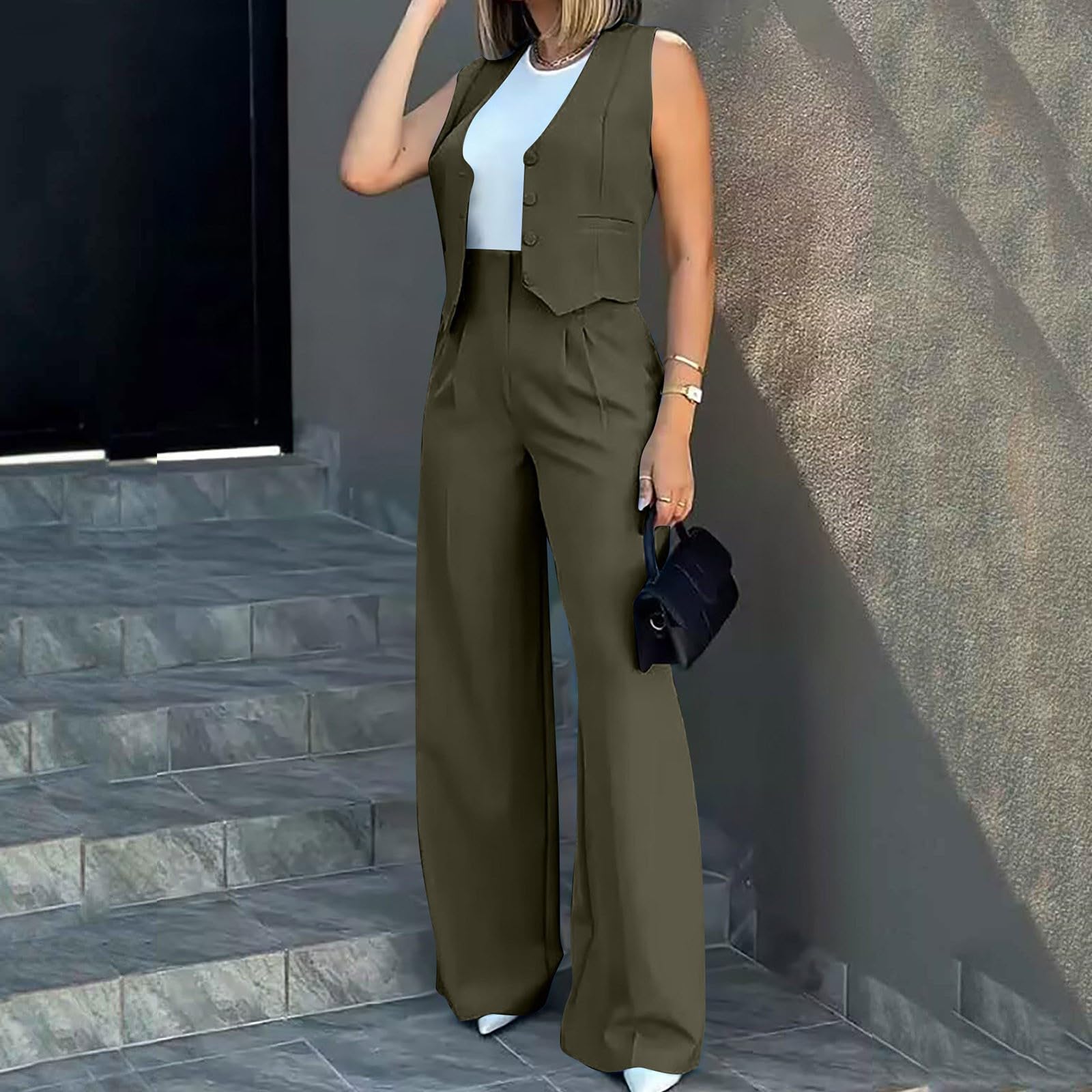 Tailleur Donna Eleganti Pantaloni e Gilet Completo BlazerO a Senza Maniche 2Pezzi Tuta Elastici in Vita Set di Abiti in Tinta Unita Pantalone Due Pezzi Suit Business tinta unita Giacca Estivo