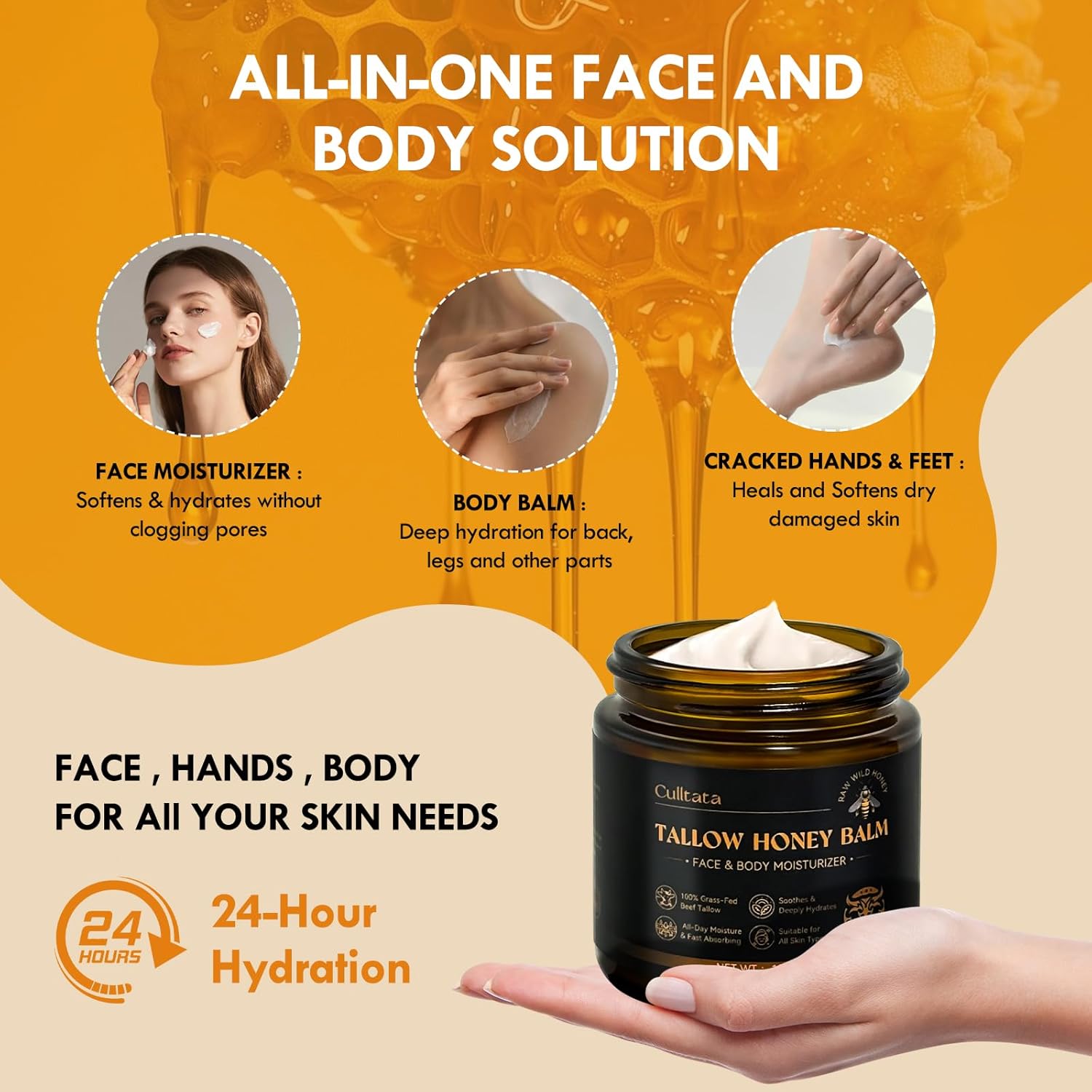 Beef Tallow for Skin, Beef Tallow for Face, All Natural Hydrating Tallow Honey Balm, Grass-Fed Beef Tallow Balm with Raw Wild Honey and Organic Beeswax, Face & Body Moisturizer - 4.2OZ - Image 6