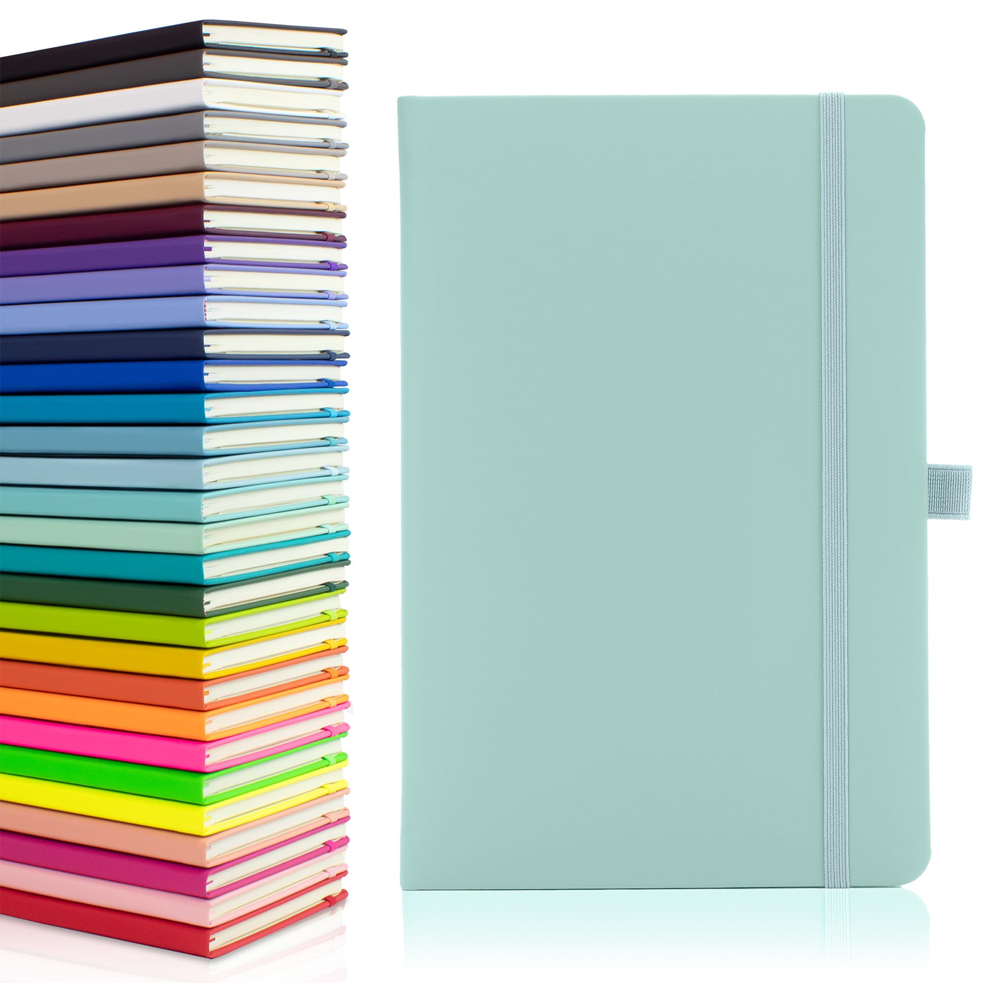 – Eco A5 Notebook with Lined Pages, Pen Loop, Ribbon, Date Marks and Paper Pocket, Medium Hardback Journal, Note, sustainably sourced paper (Pastel Celeste)