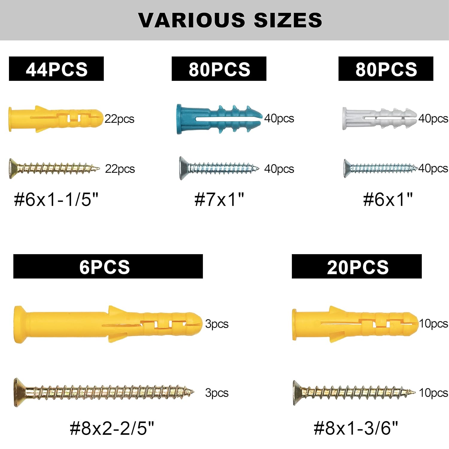 KURUI Drywall Anchors and Screws Assortment Kit 230PCS, 115 Plastic Wall Anchors and 115 Philips Flat Head Screws, 5 Sizes Galvanized Screws and Wall Plug Bolts with Organizer Box: Industrial & Scientific