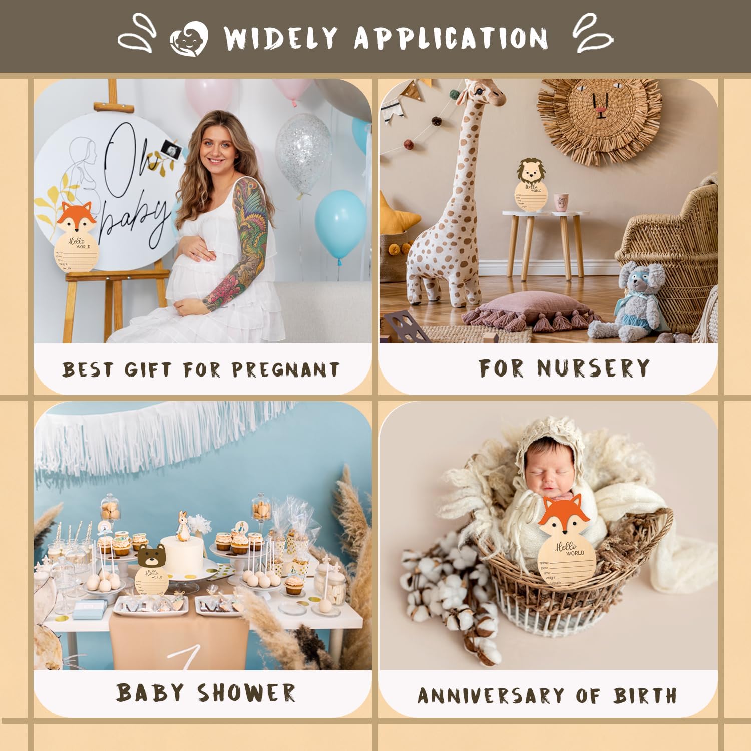Hello World Wooden Baby Newborn Birth Announcement Sign, Baby Announcement Sign for Hospital, Newborn Photography Props for Nursery, Bear Shape Welcome Sign for New Mom Boys Girls (Fox)